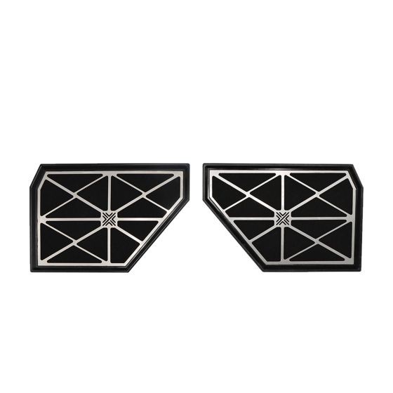 Unique black panel pair with a geometric design, featuring a silver grid pattern, measuring 286x194mm, designed as a replacement element by Pipercross.