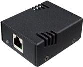 Black rectangular industrial sensor with ventilation grooves, featuring an Ethernet port on one side, designed for monitoring temperature and humidity.