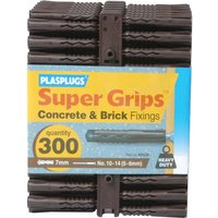 "Brown Plasplugs heavy duty super grips for concrete and brick, pack of 300, with yellow and blue label"
