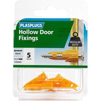 Plasplugs Hollow Door Fixings, 5-pack, orange plastic anchors in clear packaging with green and white label.