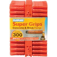 Red Plasplugs Super Grips for concrete and brick, pack of 300, with textured surface and blue label.