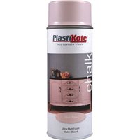 Plasti-Kote Chalk Finish Spray Paint can, pink lid, matte finish, furniture image on label.