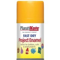 Yellow PlastiKote Fast Dry Enamel aerosol can, 100ml, with colorful project icons and bold red and blue text.