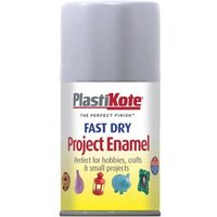 PlastiKote Fast Dry Enamel Aerosol, silver can with red and blue text, 100ml, for crafts and small projects.