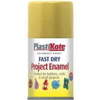 Gold PlastiKote Fast Dry Enamel aerosol can, 100ml, with yellow cap and label for crafts and small projects.