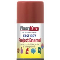 Nut brown PlastiKote fast dry enamel aerosol can, 100ml, with red cap and colorful project icons on the label.
