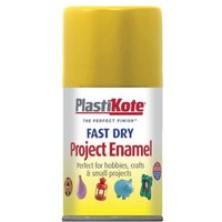Yellow PlastiKote Fast Dry Enamel Aerosol, 100ml, with colorful icons and text on white label.