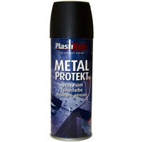 PlastiKote Metal Protekt Spray, Matt Black, 400ml can with black cap and blue label featuring product details.