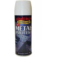White PlastiKote Metal Protekt spray can, 400ml, with glossy finish and protective metal coating label design.