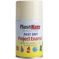Cream-colored PlastiKote Fast Dry Enamel aerosol can, 100ml, with colorful project icons on the label.