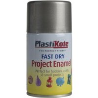 PlastiKote Fast Dry Enamel Aerosol, pewter color, 100ml can with gray cap and colorful project icons on label.