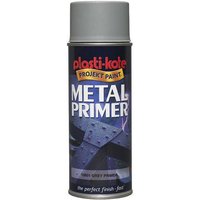 Grey PlastiKote Metal Primer Spray 400ml can with red logo and blue label featuring metal texture graphics.