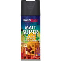 Black PlastiKote Matt Super Spray 400ml can with colorful label and black cap.