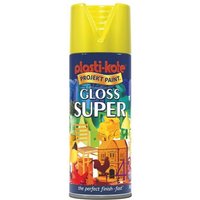 Yellow PlastiKote spray paint can with "Gloss Super" label, colorful design, and 400ml capacity.