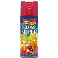 Bright red PlastiKote Gloss Super Spray can, 400ml, with colorful label and pointed cap design.