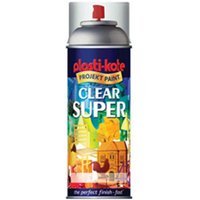 PlastiKote 011138 Gloss Super Spray Clear 400ml can with colorful label and red spray nozzle.