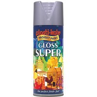 PlastiKote Gloss Super Spray, 400ml can, aluminum color, with colorful label and gray cap.