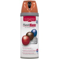 PlastiKote Twist & Spray Gloss Orange 400ml can with orange cap and colorful egg design on white label.