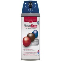 PlastiKote Twist & Spray Gloss Royal Blue 400ml can with blue cap and colorful paint droplets on label.