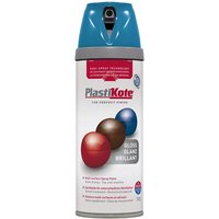 Blue-capped PlastiKote Twist & Spray Gloss Exotic Sea 400ml can with colorful paint droplets on label.