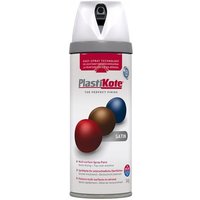 PlastiKote Twist & Spray Satin White 400ml can with red, brown, and blue spheres on label.