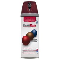 PlastiKote Twist & Spray Satin Wine Red 400ml can with maroon cap and color sample graphics.