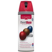 Red Plastikote Twist & Spray Satin Real Red 400ml can with red cap and logo, featuring three colored spheres.