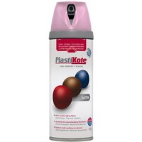 PlastiKote Twist & Spray Satin Cameo Pink 400ml can with pink cap and colorful paint droplets on label.