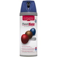 PlastiKote Twist & Spray Satin Night Navy 400ml can with blue cap and color samples on label.