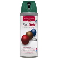 PlastiKote Twist & Spray can, satin hunter green cap, white label with colorful spheres and red logo.