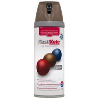 PlastiKote Twist & Spray Satin Chocolate Brown 400ml can with brown cap and colorful spheres on label.
