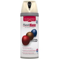 PlastiKote Twist & Spray Satin Grey Beige 400ml can with beige cap and colorful paint droplets on label.