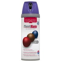 Purple Plastikote Twist & Spray can, satin finish, 400ml, with colorful cap and label showing paint droplets.