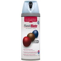 PlastiKote Twist & Spray Satin Baby Blue 400ml can with light blue cap and colorful paint droplet design.
