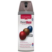 PlastiKote Twist & Spray Satin Cappuccino 400ml can with brown cap and colorful paint droplets on label.