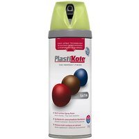 PlastiKote Twist & Spray Satin Pistachio 400ml can with green cap and colorful egg graphics on white label.