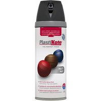 PlastiKote Twist & Spray 400ml can, matt black finish, gray cap with spray nozzle, colorful spheres on label.