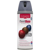 PlastiKote Twist & Spray 400ml can, matt grey finish, grey cap, white label with colored spheres.