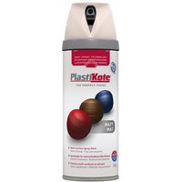 PlastiKote Twist & Spray can, 400ml, matt antique white, with red, blue, and brown color swatches on label.