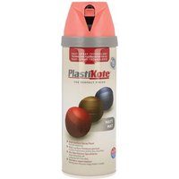 PlastiKote Twist & Spray can, matt dusty coral color, 400ml, with coral cap and color samples on label.