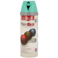 PlastiKote teal spray paint can with twist cap, 400ml, featuring color samples and brand logo on label.