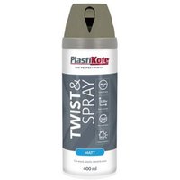 PlastiKote Twist & Spray Matt 400ml can, quartz grey label, grey cap, white body with red and black branding.