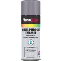 PlastiKote grey gloss enamel spray paint, 400ml can with colorful label and black cap.