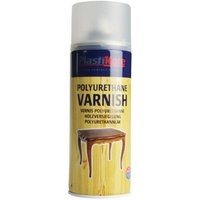 Clear satin varnish spray can with white cap, yellow label, and table image by PlastiKote, 400ml size.