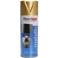 PlastiKote Metallic Spray Gold 400ml can with gold cap and blue label featuring a lamp image.