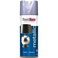PlastiKote metallic spray can, silver cap, blue label with lamp image, 400ml size.