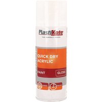 White Plastikote Trade Quick Dry Acrylic Spray Paint can with orange label and gloss finish.