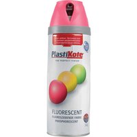 Plastikote Twist and Spray Fluorescent Aerosol Spray Paint with pink cap and colorful spheres on white can.
