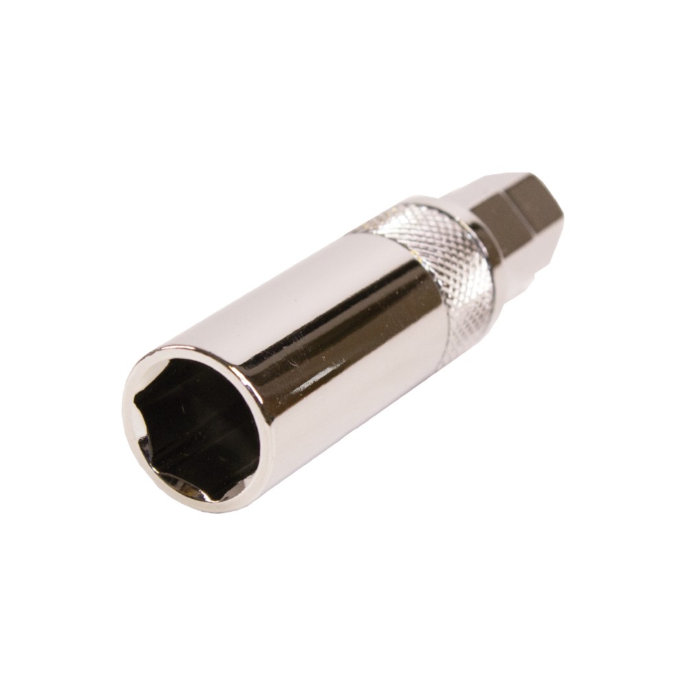 Shiny chrome-plated plug wrench with a 10mm thread and 14mm deep socket, featuring a knurled grip for easy handling, designed for 4-stroke engines by Apico.