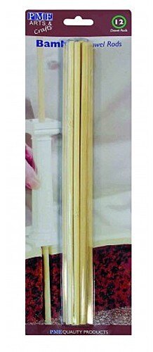 Twelve bamboo wooden dowels in a clear packaging, showcasing their light tan color and smooth finish, ideal for cake decorating and crafting.